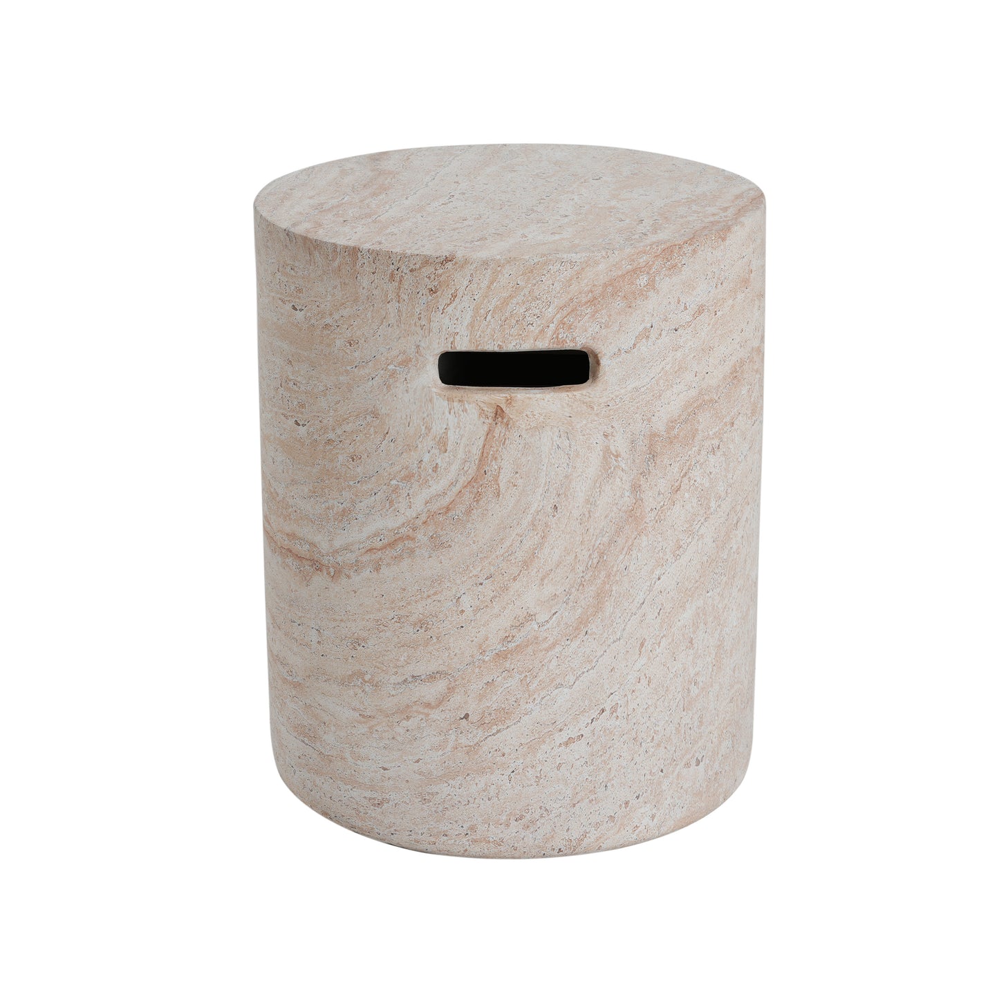 Round Concrete Side Table for Indoor/Outdoor Use, 15.5 x 15.5 x 18.5 in, Lightweight, Travertine Finish, Beige