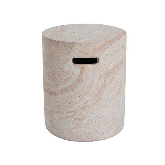 Round Concrete Side Table for Indoor/Outdoor Use, 15.5 x 15.5 x 18.5 in, Lightweight, Travertine Finish, Beige