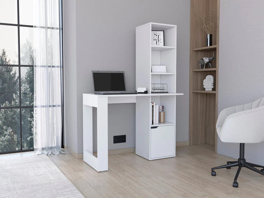 White Writing Desk with Integrated Bookcase and Storage Cabinet