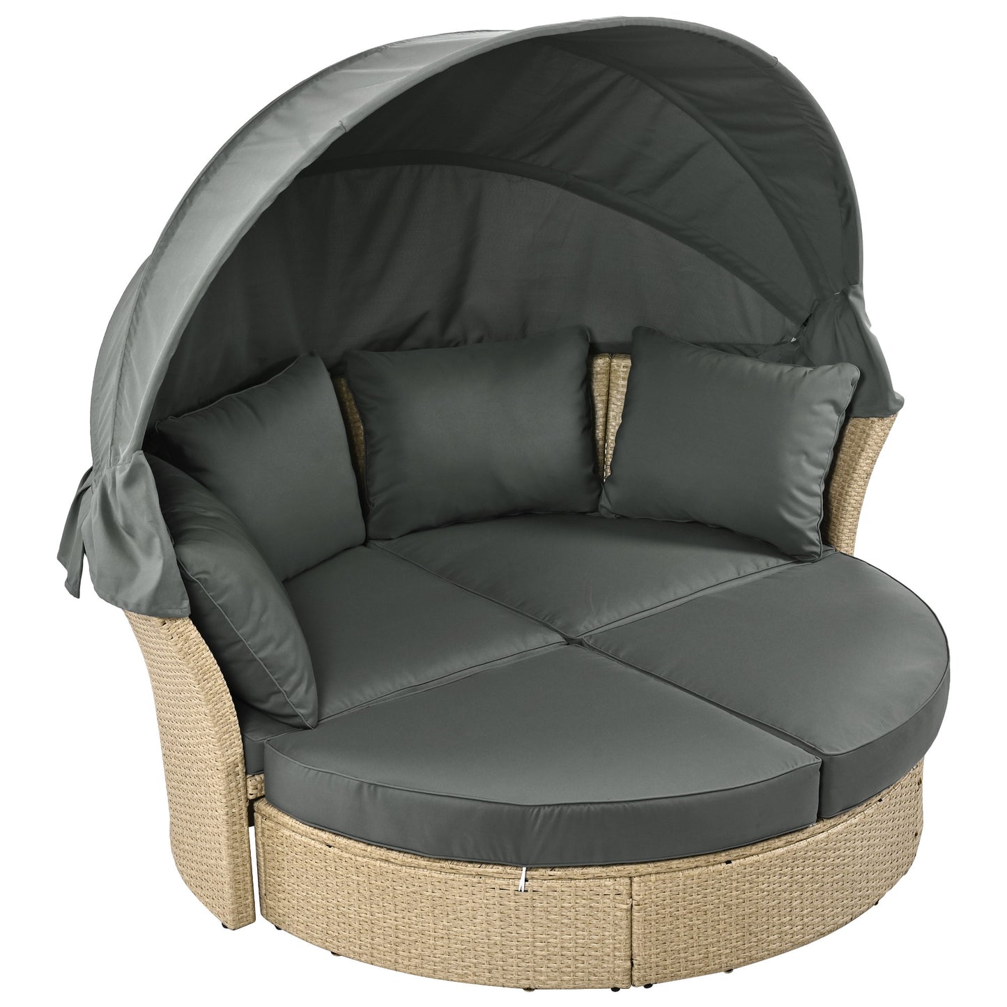 Outdoor Wicker Rattan Double Daybed With Retractable Canopy And Polyester Upholstery 71.7x63.4x62.2 Grey