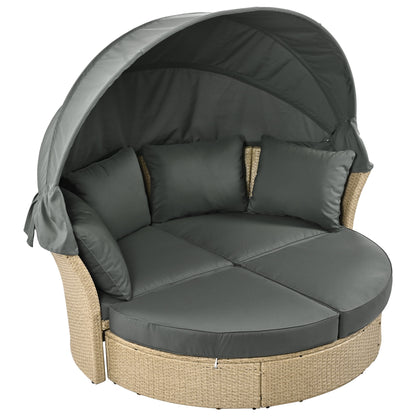 Outdoor Wicker Rattan Double Daybed With Retractable Canopy And Polyester Upholstery 71.7x63.4x62.2 Grey