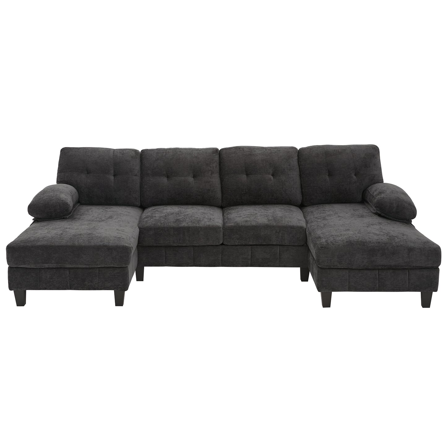 U-Shaped Sectional Sofa with Dual Chaise Lounges, Storage Pockets, Armrest Pillows, Chenille Fabric, 103.5-Inch Black