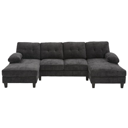 U-Shaped Sectional Sofa with Dual Chaise Lounges, Storage Pockets, Armrest Pillows, Chenille Fabric, 103.5-Inch Black