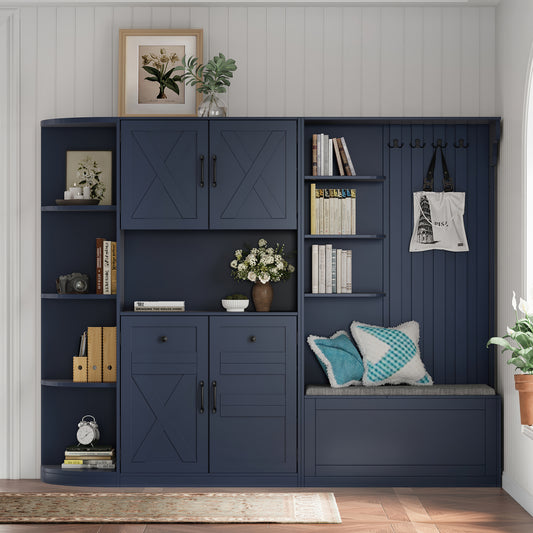2-in-1 Hall Cabinet with Left & Right Storage, 8 Shelves, 4 Hooks, L-Shape, MDF+Particle Board Antique Blue
