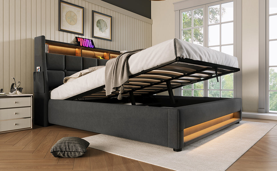 Modern Queen Size Upholstered Platform Bed with Hydraulic Storage, LED Lighting, and USB Port - Grey (Mattress Not Included)