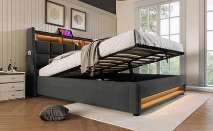 Modern Queen Size Upholstered Platform Bed with Hydraulic Storage, LED Lighting, and USB Port - Grey (Mattress Not Included)