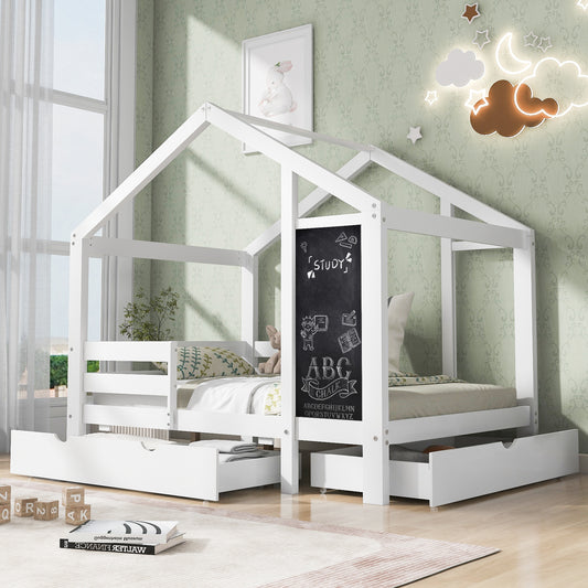 Twin House Bed with Built-in Drawers and Blackboard, 80.1in L x 41.9in W x 72in H, Pine/Plywood/MDF, White
