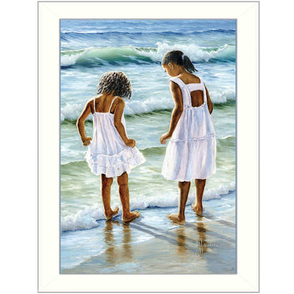 Two Girls at the Beach Art Print - 14x10 Inch Ready-to-Hang Framed Poster, Multicolor, White Frame