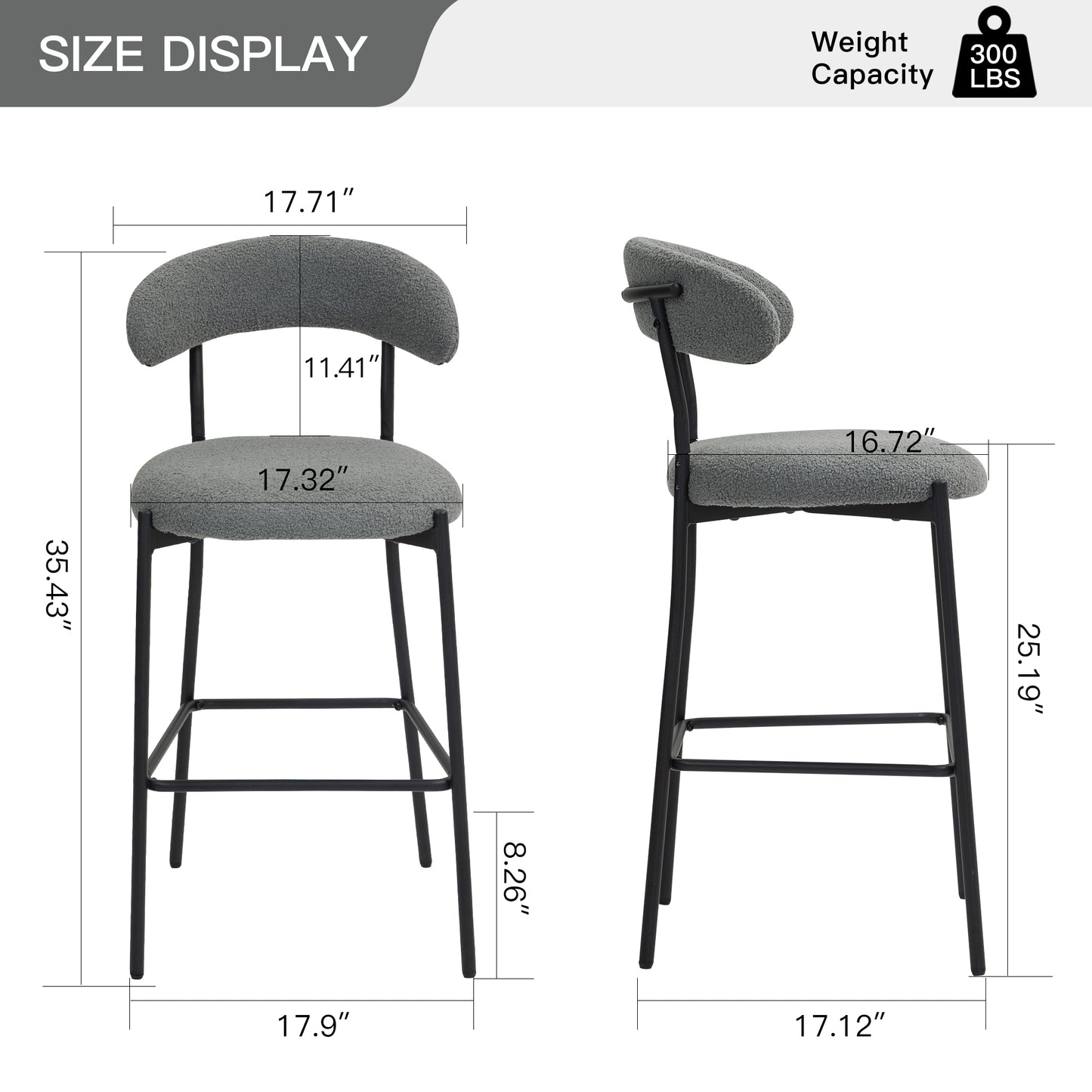26 Inch Counter Height Bar Stool Grey Teddy Fabric Footrest