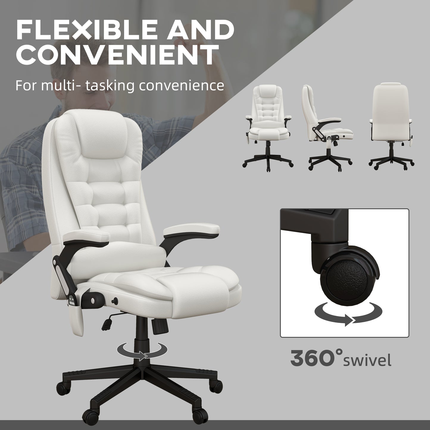 Ergonomic High Back Massage Office Chair with Heated Recline and Remote Control, White PU Leather