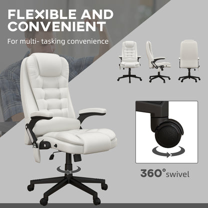 Ergonomic High Back Massage Office Chair with Heated Recline and Remote Control, White PU Leather