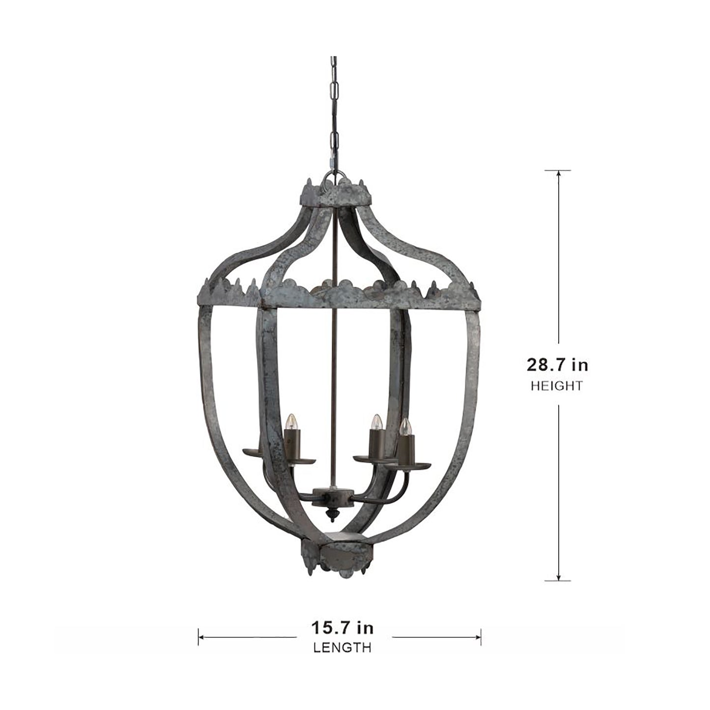 Four-Light Iron Chandelier with Adjustable Chain for Kitchen or Dining — 15.7in Square, Gray Rustic Finish