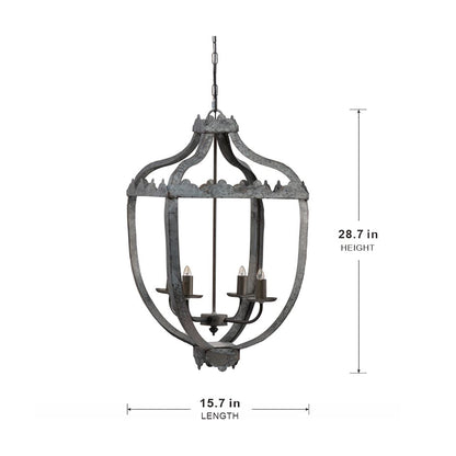 Four-Light Iron Chandelier with Adjustable Chain for Kitchen or Dining — 15.7in Square, Gray Rustic Finish
