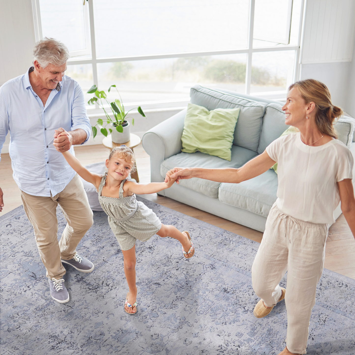 5x8 Machine-Washable Area Rug - Low-Pile, Non-Slip, Kid & Pet Friendly, Living & Dining Blue+Cream
