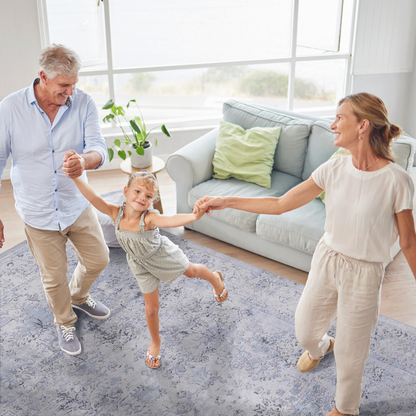 5x8 Machine-Washable Area Rug - Low-Pile, Non-Slip, Kid & Pet Friendly, Living & Dining Blue+Cream