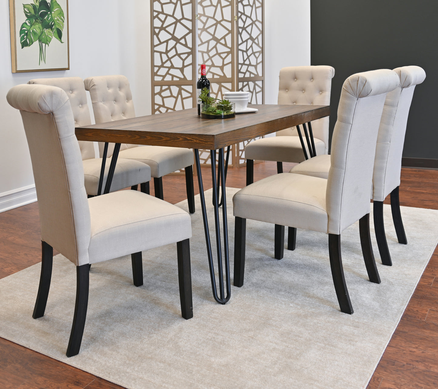 7 Piece Dining Set With Hairpin Table And Six Chairs Brown
