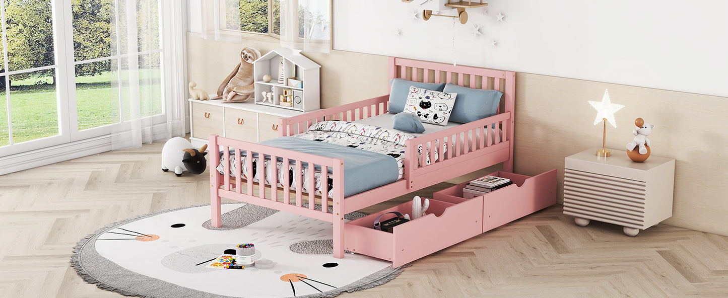 Twin Size Pink Wooden Platform Bed with Safety Guardrails and Dual Storage Drawers