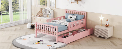 Twin Size Pink Wooden Platform Bed with Safety Guardrails and Dual Storage Drawers