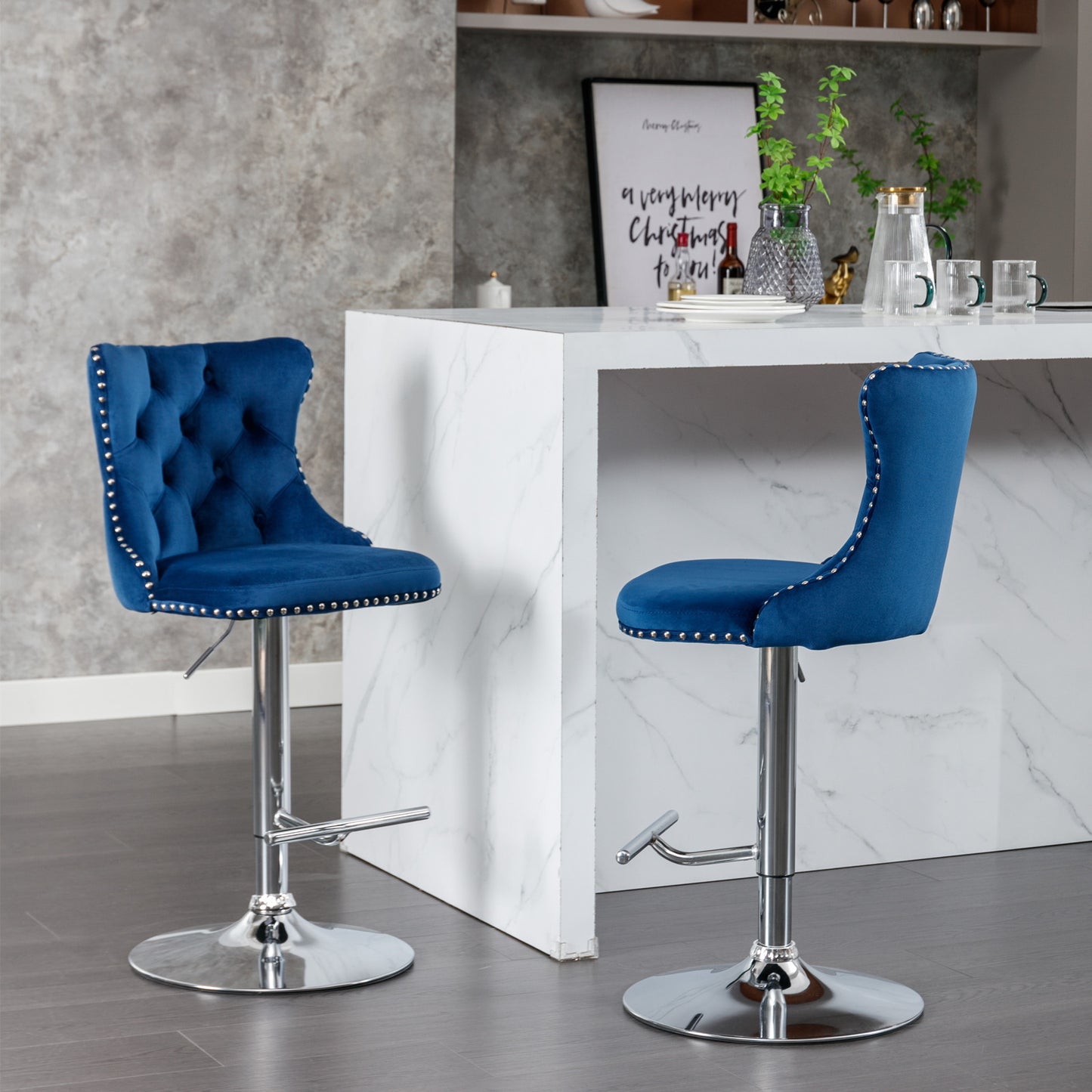 AA Furniture Swivel Velvet Barstools Adjustable 25-33 Blue