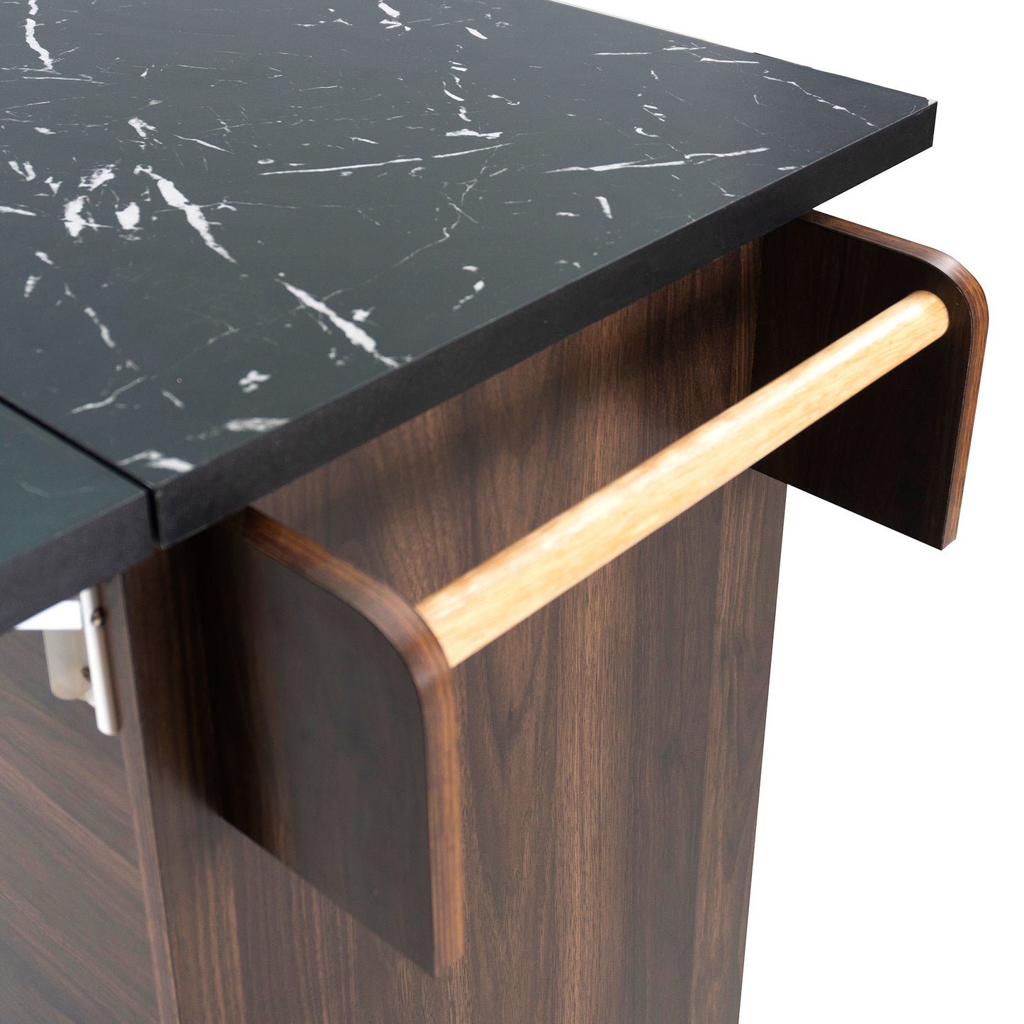 Walnut Brown Rolling Kitchen Island with Drop Leaf, Trash Can Storage, Spice & Towel Racks, and Adjustable Shelves