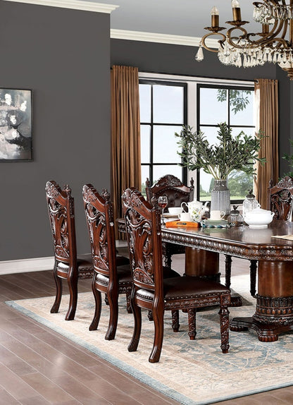 Traditional Dining Side Chair Set of 2, Solid Wood, Leatherette, Carved Back, Nailhead Trim Dark Brown
