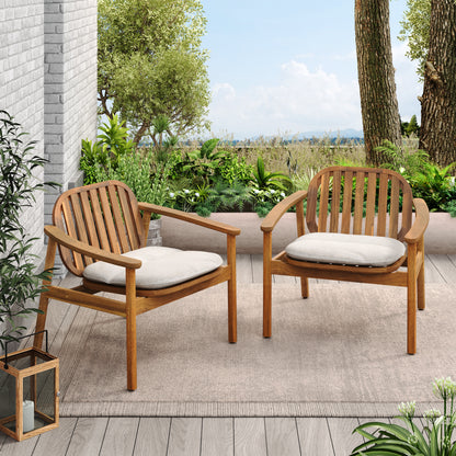 Set Of 2 Acacia Wood Club Chairs With Cushions, 30.75 Inch Length, Indoor Outdoor Teak And Beige