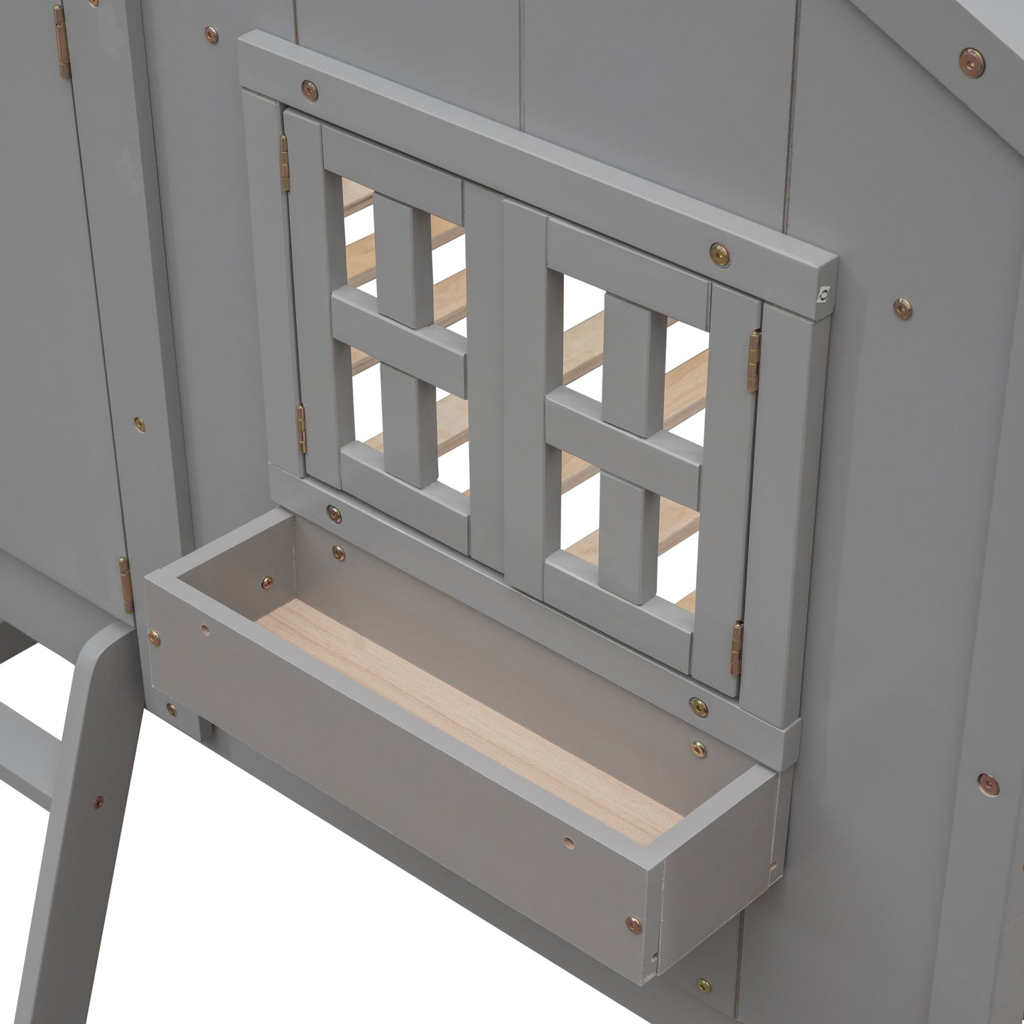 Twin House Bunk Bed for Kids with Roof and Windows - Twin Over Twin Design in Grey