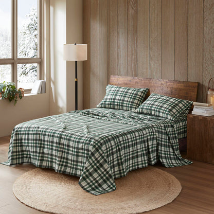 Full-Size 4-Piece 100% Cotton Flannel Sheet Set, Flat 81x96, Fitted 54x75+12, 2 Pillowcases Green Multi