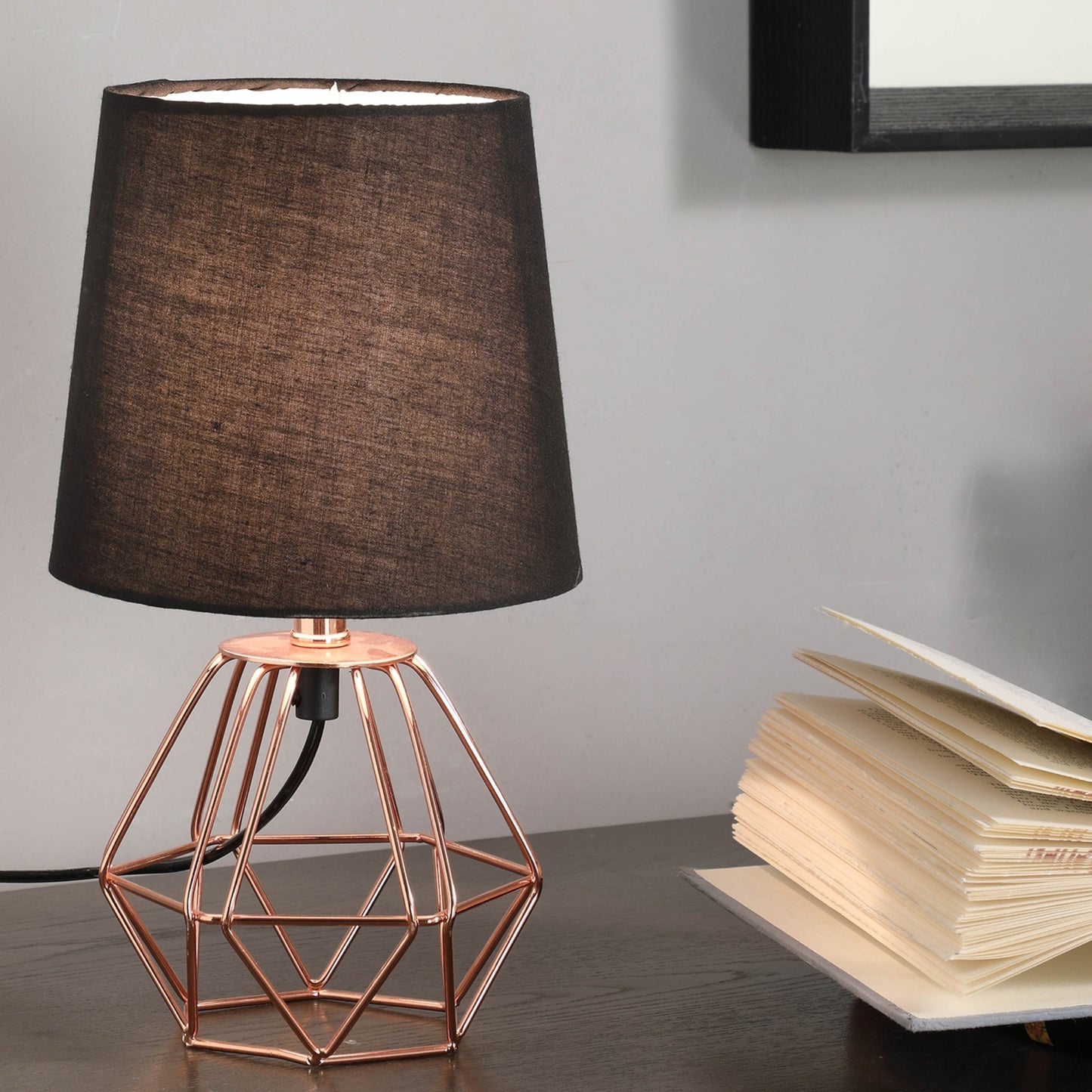 Geometric Metal Table Lamp, 11.25 in H, 6.5 in Base, Black Shade, Inline On/Off, 120V, E12 Bulb, Copper