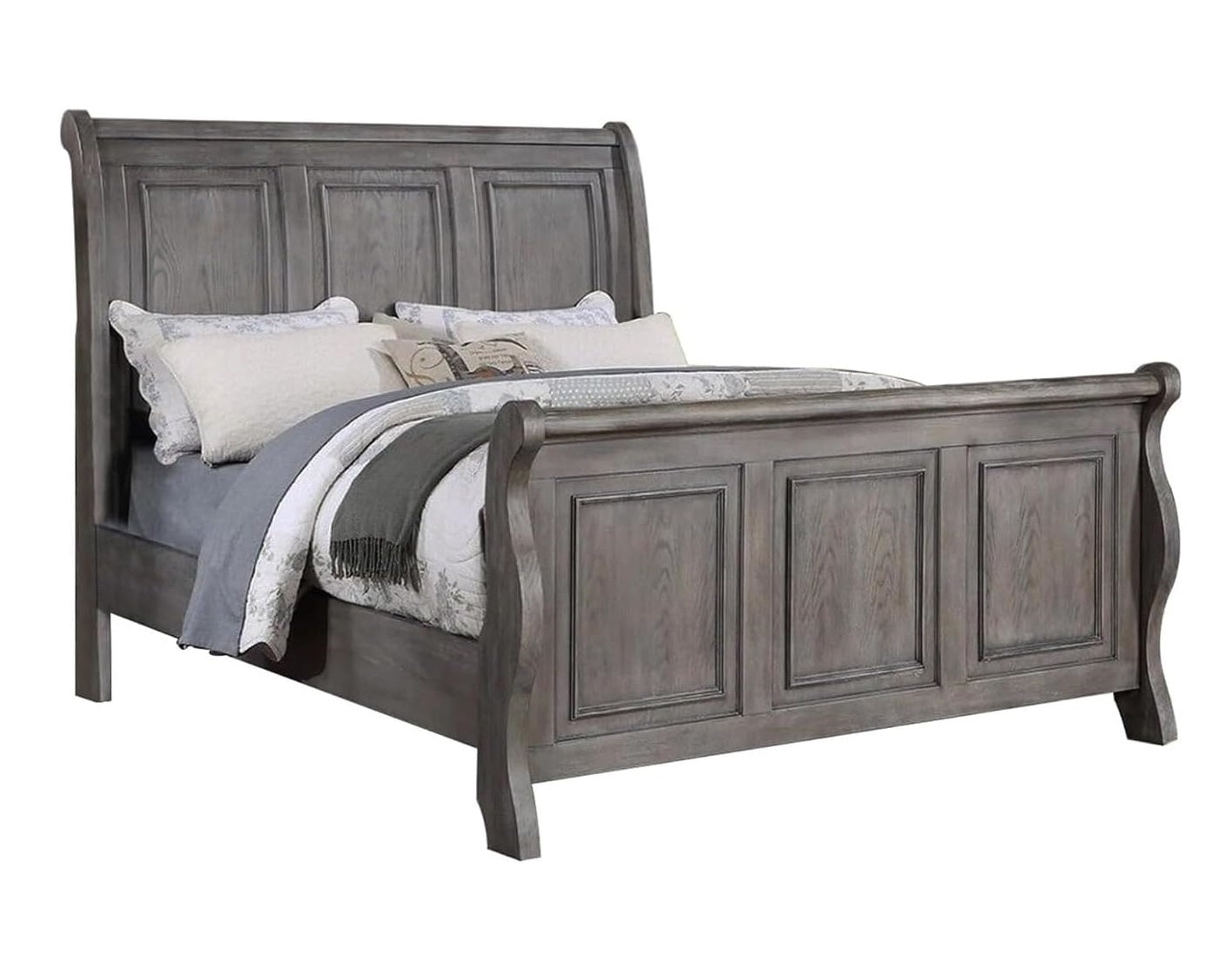 Elegant Antique Gray Oak California King Sleigh Headboard Panel Bed – Stylish Wooden Bedroom Furniture