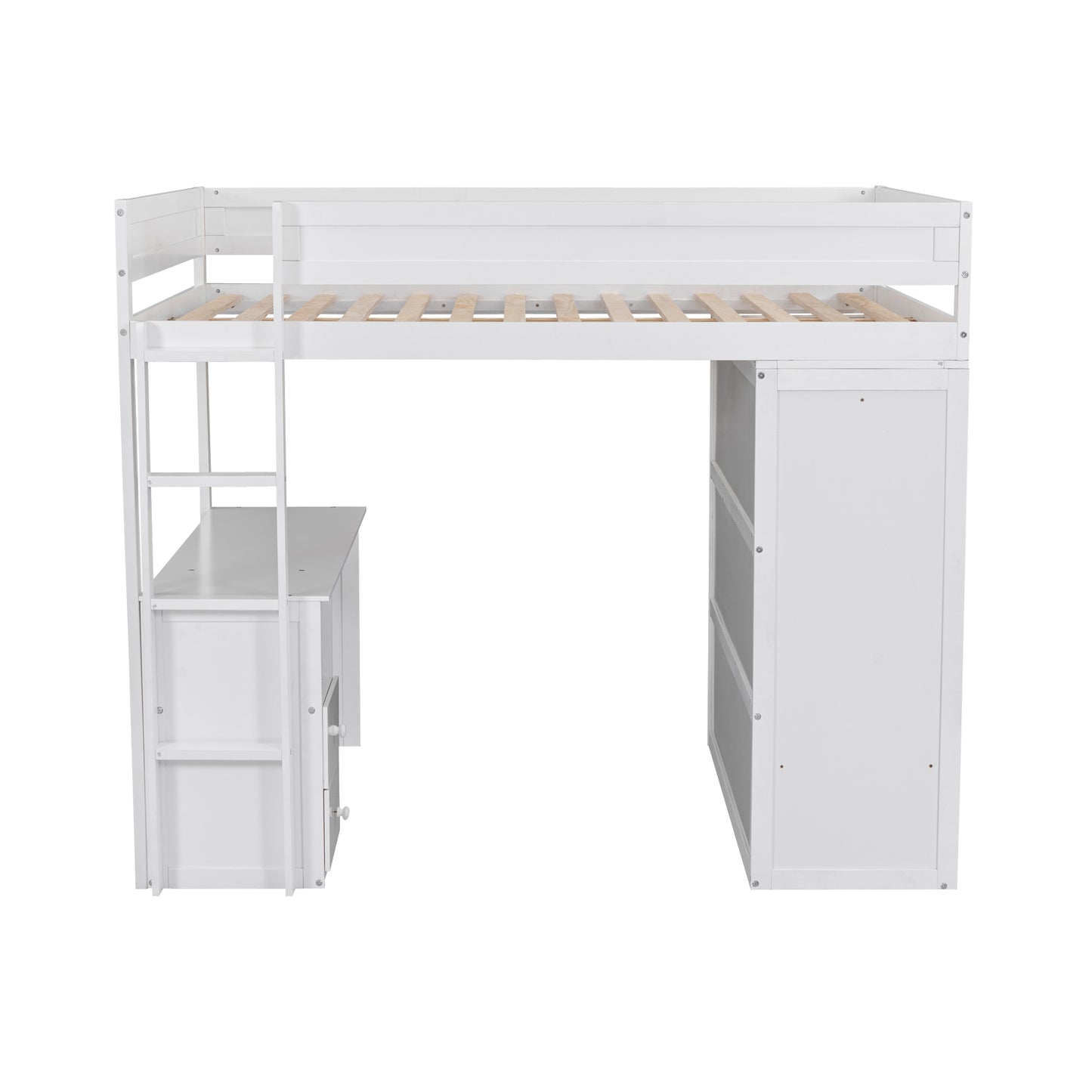 Space-Saving White Wood Loft Bed with Integrated Wardrobes and 2-Drawer Desk
