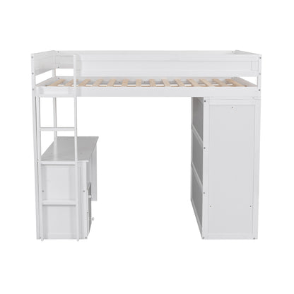 Space-Saving White Wood Loft Bed with Integrated Wardrobes and 2-Drawer Desk