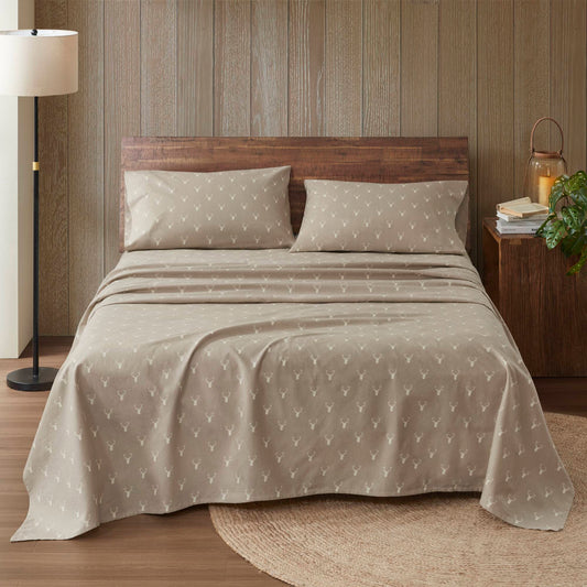 4-Piece Full-Size Cotton Flannel Sheet Set with Stag Head Printed 2 Pillowcases Machine-Washable Brown