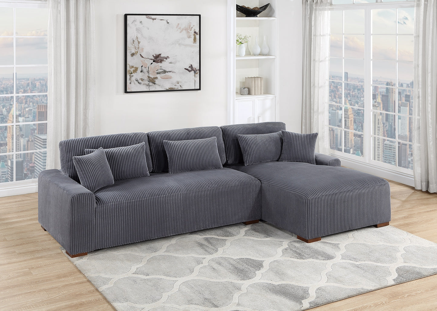 XL 2-Piece Modern Sectional: LAF Sofa + RAF Chaise, Plush Corduroy, Living Room, Pillows Dark Gray