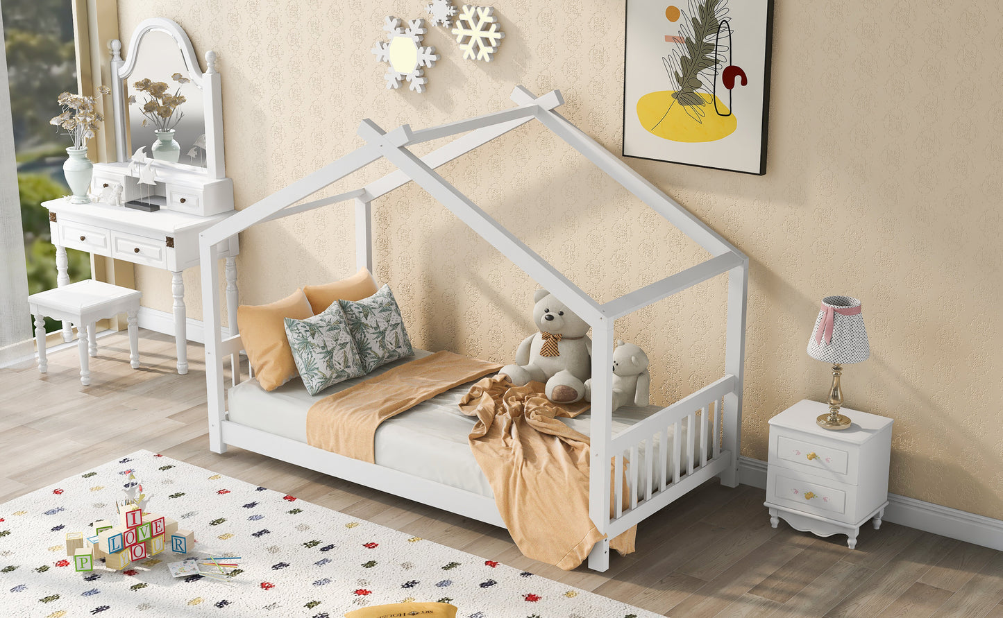 Whimsical Twin House Bed with Roof, Headboard & Footboard - White