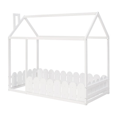 Twin Size Wooden House Bed Frame with Fence - Creative Sleep & Play Space for Kids, Teens, and Children - White Finish
