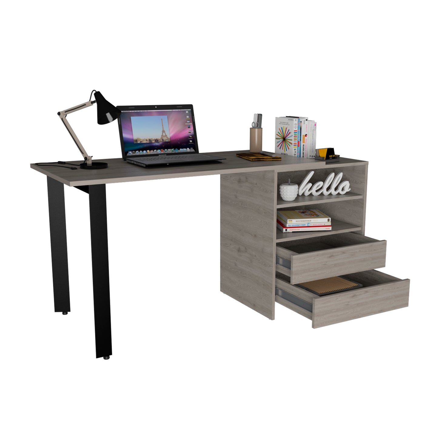 Malaui Modern Office Desk with Metal Legs, Dual Drawers & Shelves - Light Gray