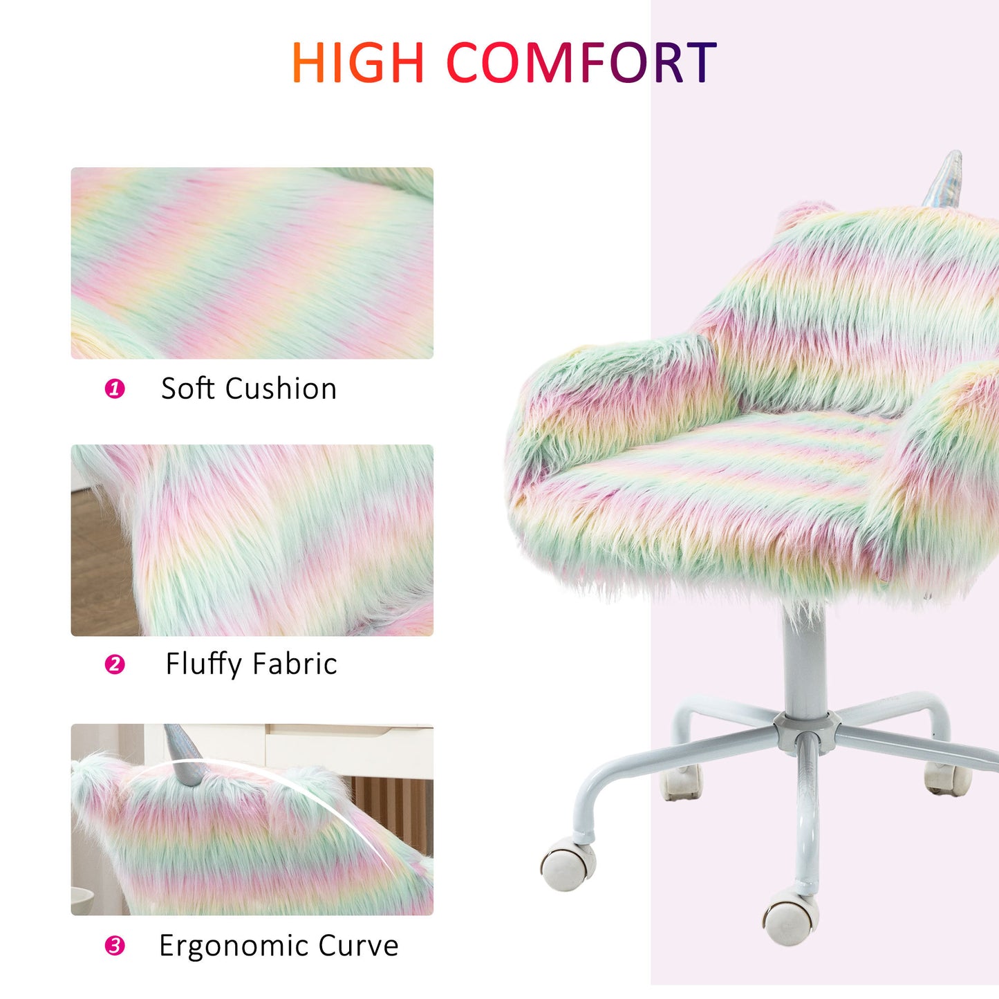 Colorful Fluffy Unicorn Desk Chair with Adjustable Height and 360° Swivel Base