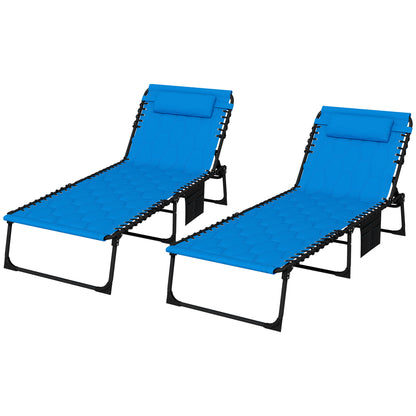 Folding Chaise Lounge Set With 5 Level Reclining Back Padded Seat Side Pocket Headrest For Outdoor Beach Patio Yard Blue