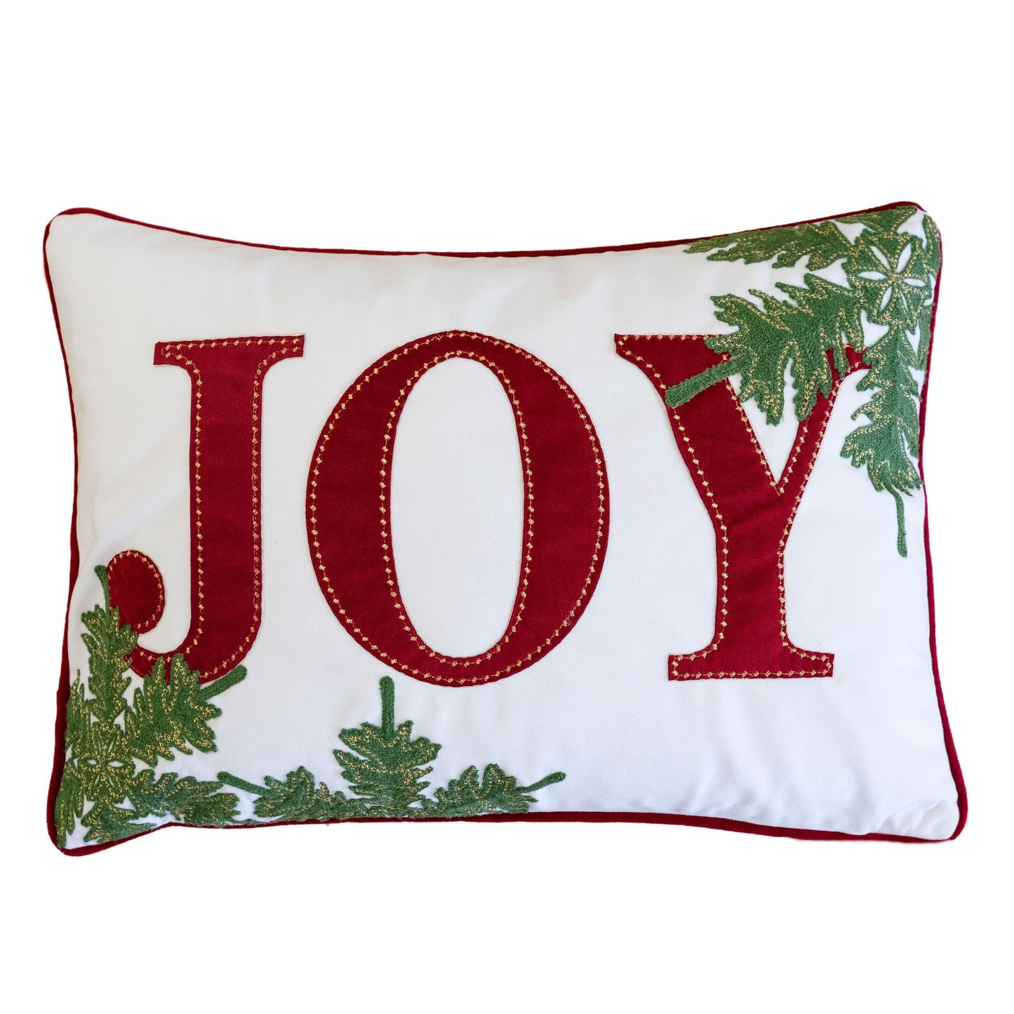 Embroidered Christmas Velvet Lumbar Pillow, 14x20 Inches, Sofa Bed Decor - Red & White with Green Accents