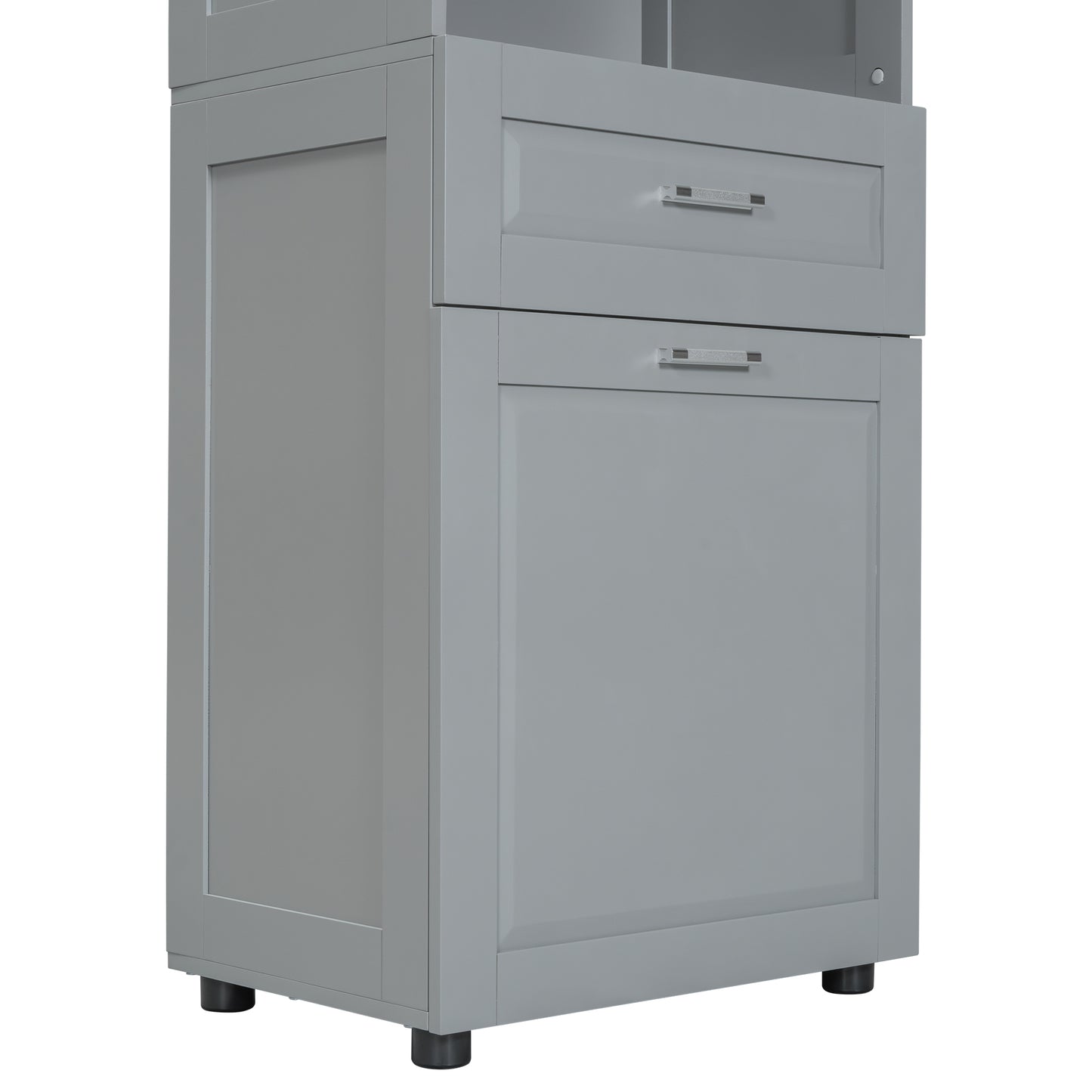 Tall Grey Storage Cabinet with Removable Laundry Hamper, Multi-Functional Upper Shelves and Cabinet Doors