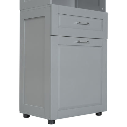 Tall Grey Storage Cabinet with Removable Laundry Hamper, Multi-Functional Upper Shelves and Cabinet Doors