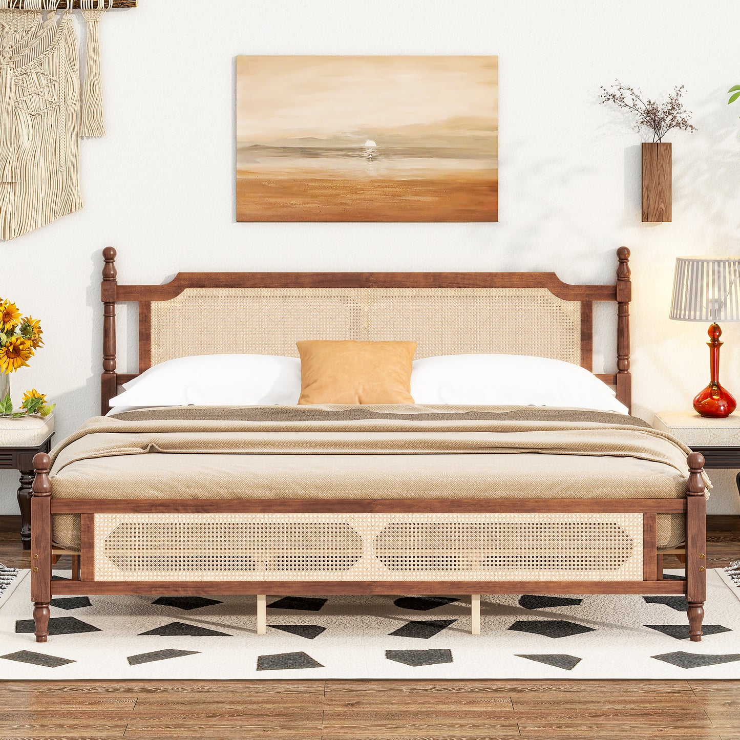 King Size Pine Wood Bed Frame with Rattan Headboard and Footboard, Central Enhanced Bed Platform, Walnut