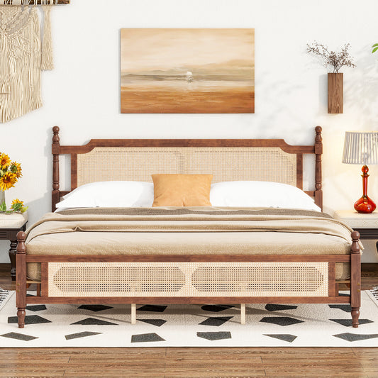 King Size Pine Wood Bed Frame with Rattan Headboard and Footboard, Central Enhanced Bed Platform, Walnut