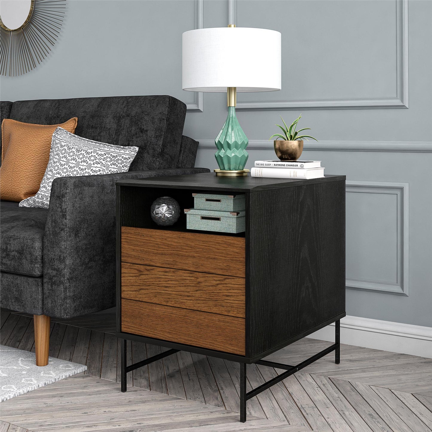 End Table with Open Cubby and Hidden Storage, 24x18x23.5 Two-Tone Black Oak & Brown Woodgrain Finish