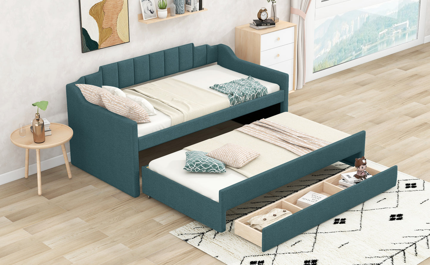 Green Twin Size Upholstered Daybed with Trundle and Storage Drawers