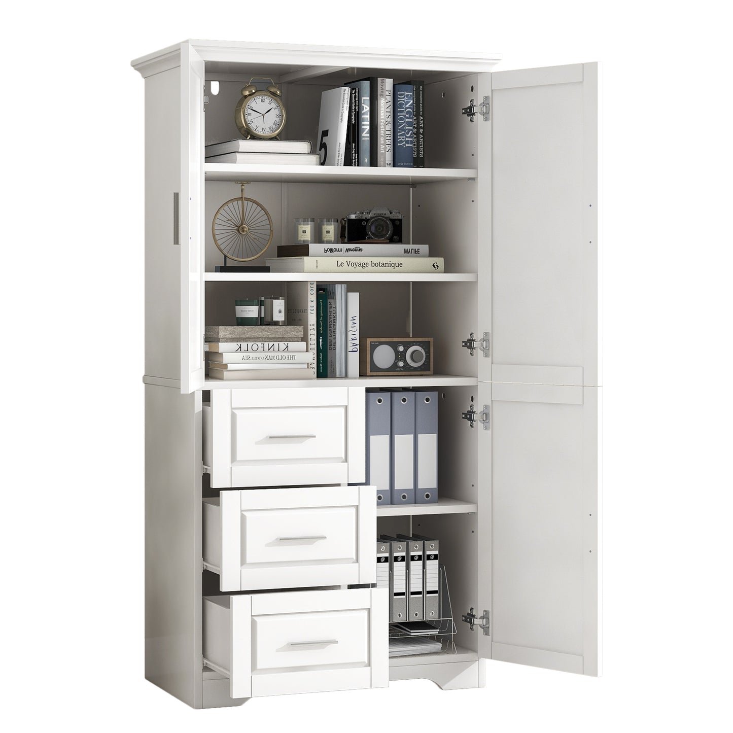 Versatile Tall Storage Cabinet with Doors and Drawers for Bathroom, Office, or Kitchen - White MDF Design