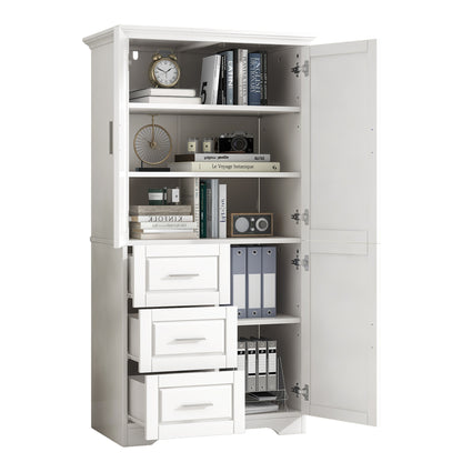Versatile Tall Storage Cabinet with Doors and Drawers for Bathroom, Office, or Kitchen - White MDF Design