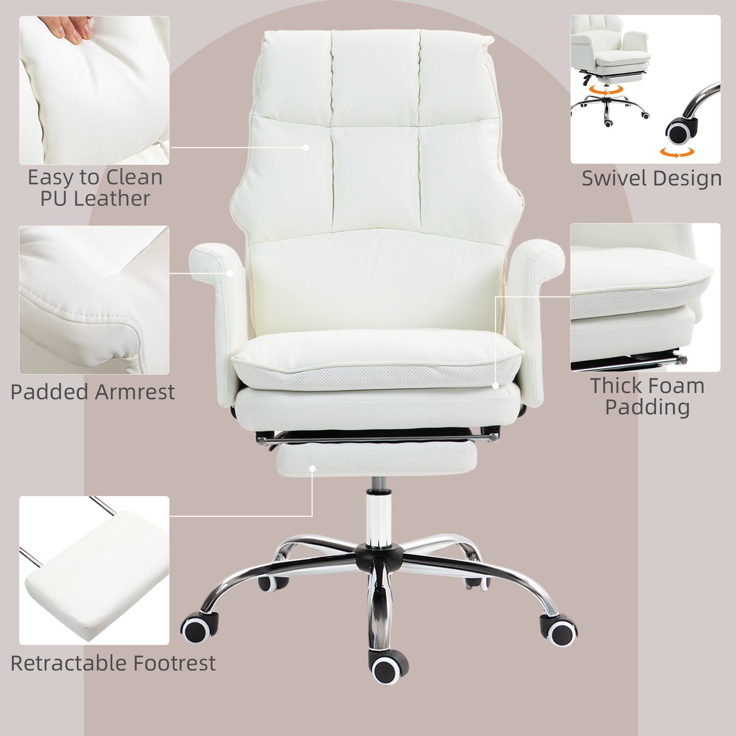 Modern White PU Leather Ergonomic Office Chair with Footrest, Reclining and Swivel Features