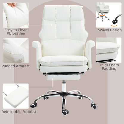 Modern White PU Leather Ergonomic Office Chair with Footrest, Reclining and Swivel Features